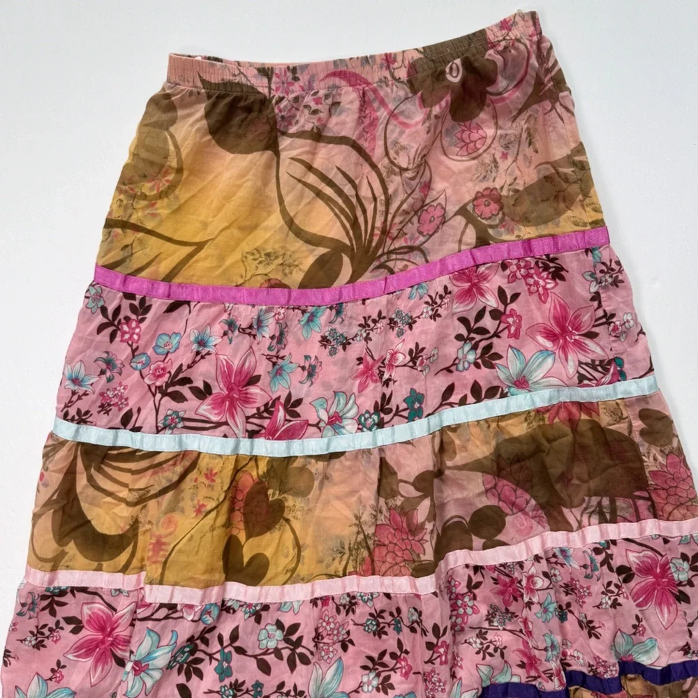 United Colors of Benetton Vintage Silk Tiered Print Skirt Lace‎ Size 42 US 6